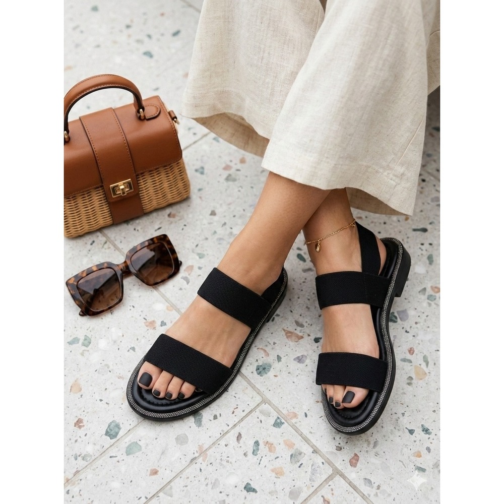 Vaneli Black Elastic Slingback Sandals Rhinestone Trim Comfort Flats Size 6M